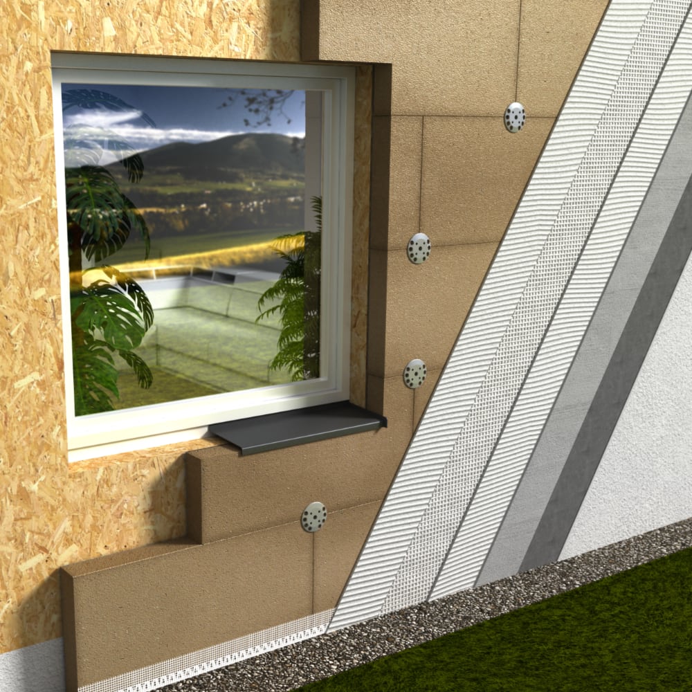 řez zateplovacím systémem na dřevostavbě z dřevovláknité desky - STEICO protect